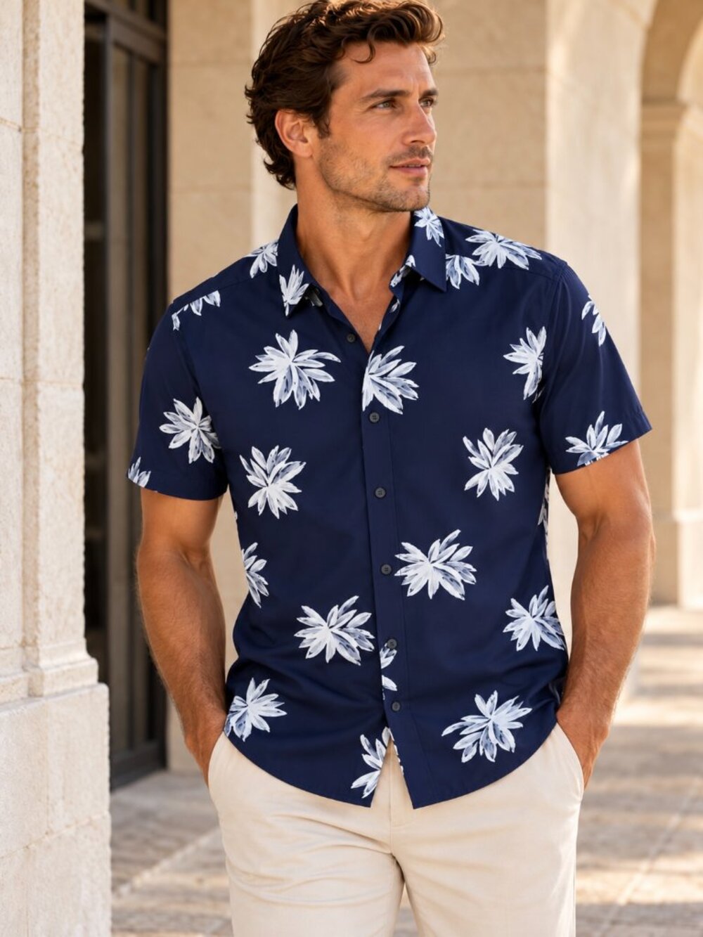 Hugo Boss P-Roan Kent Floral Shirt Mens Size L Navy Slim Fit Resortwear Golf